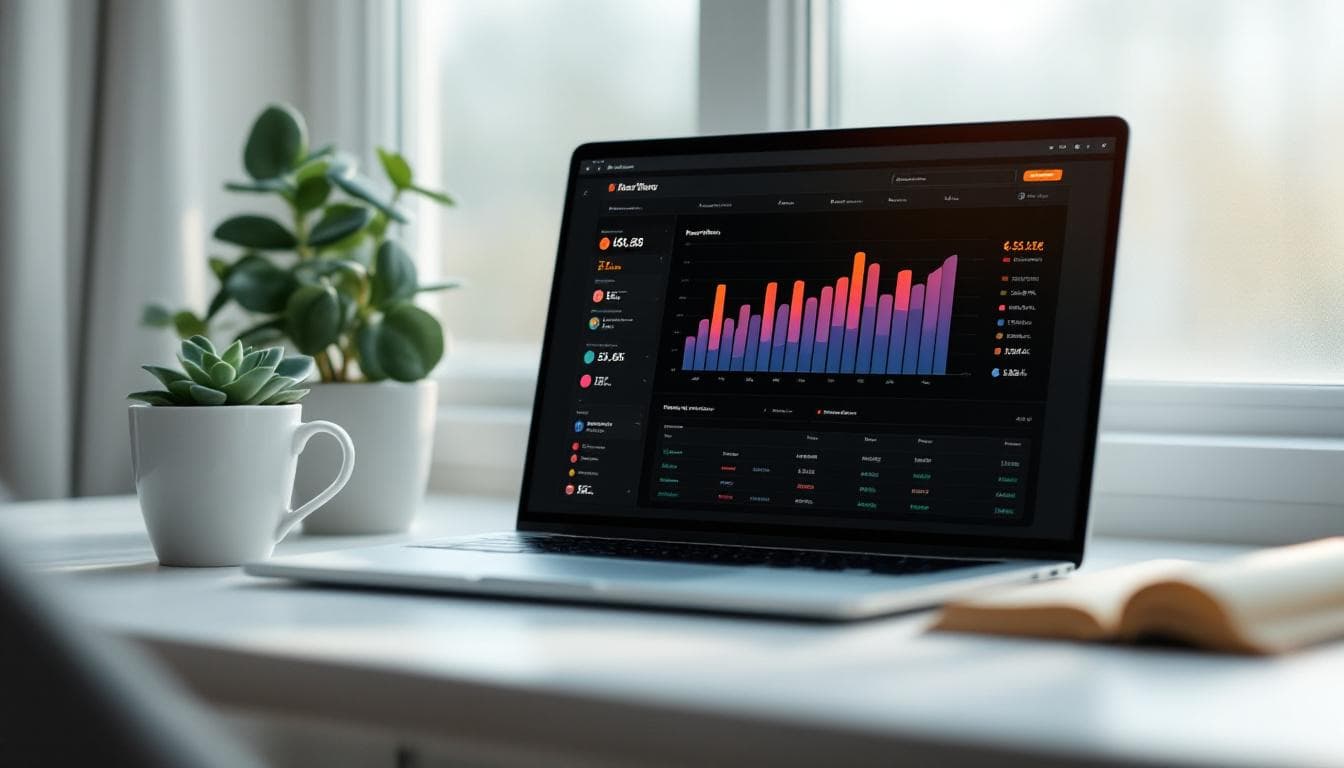 Laptop on a clean wood desk showing a portfolio tracker dashboard, representing sharesight alternatives for European investors