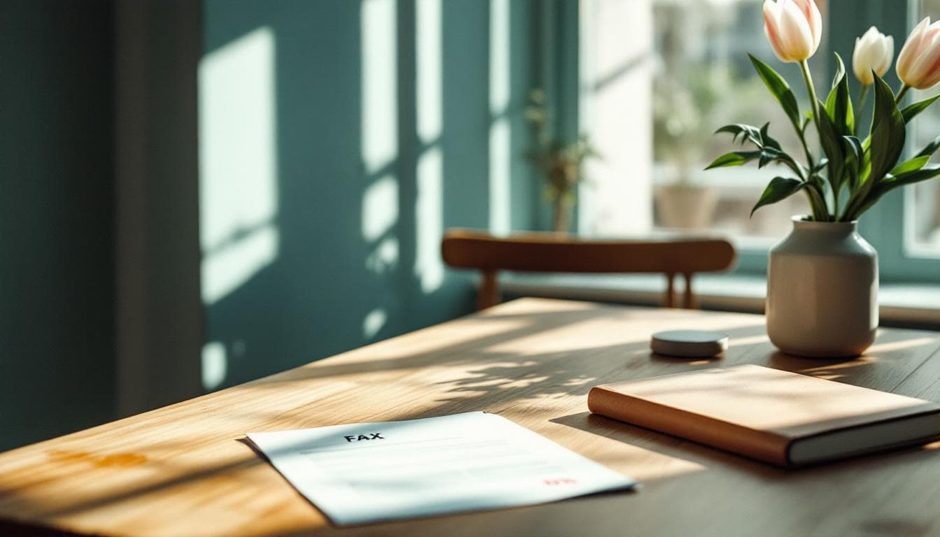 Wooden desk with Dutch tulip in a vase, official document, and notebook in soft morning light